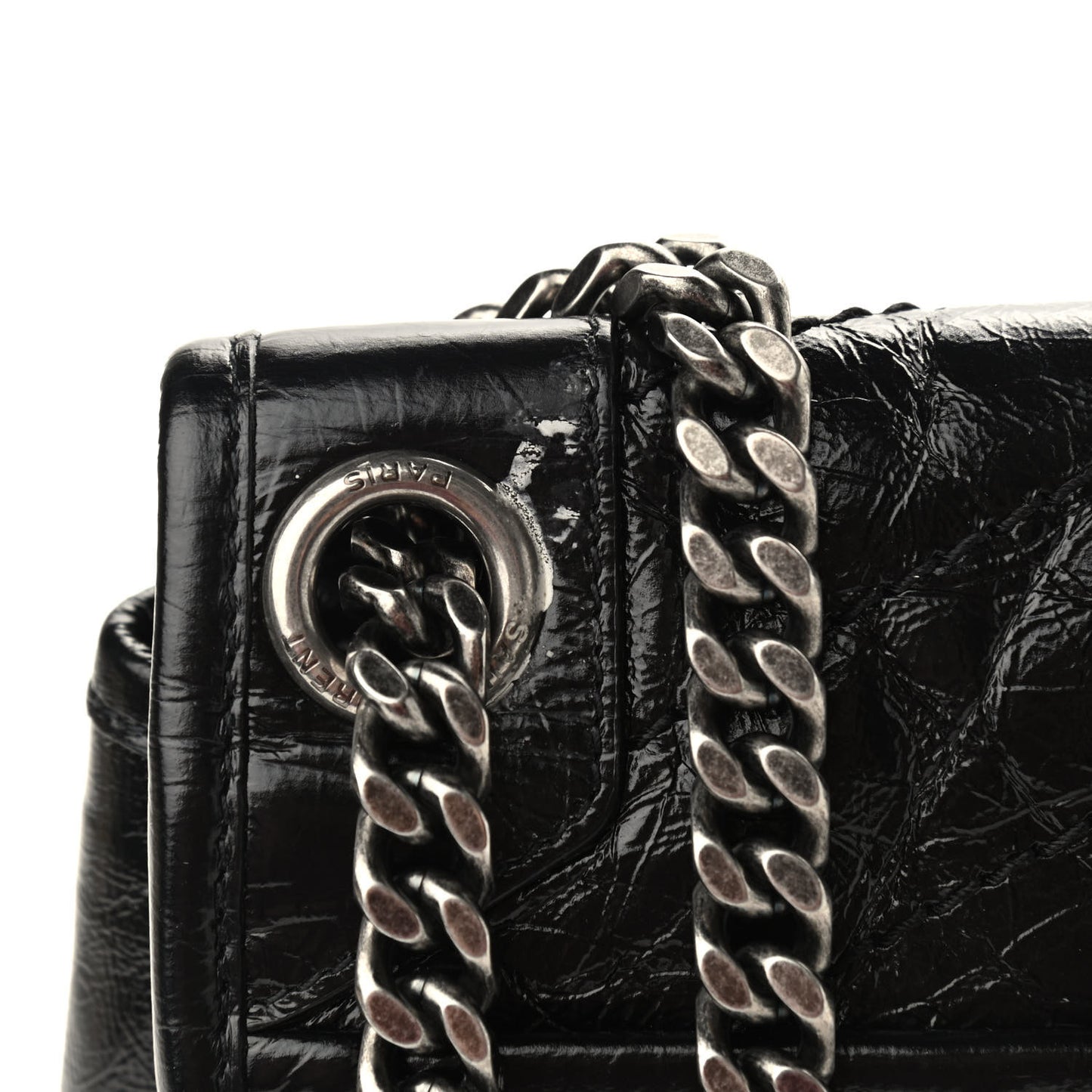 Crinkled Calfskin Matelasse Monogram Medium Niki Chain Satchel Black