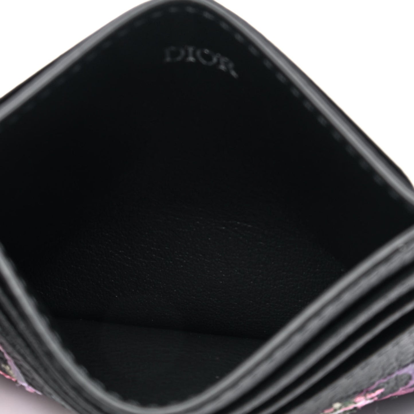 Grained Calfskin Embroidered Floral Lady Dior Card Holder Black