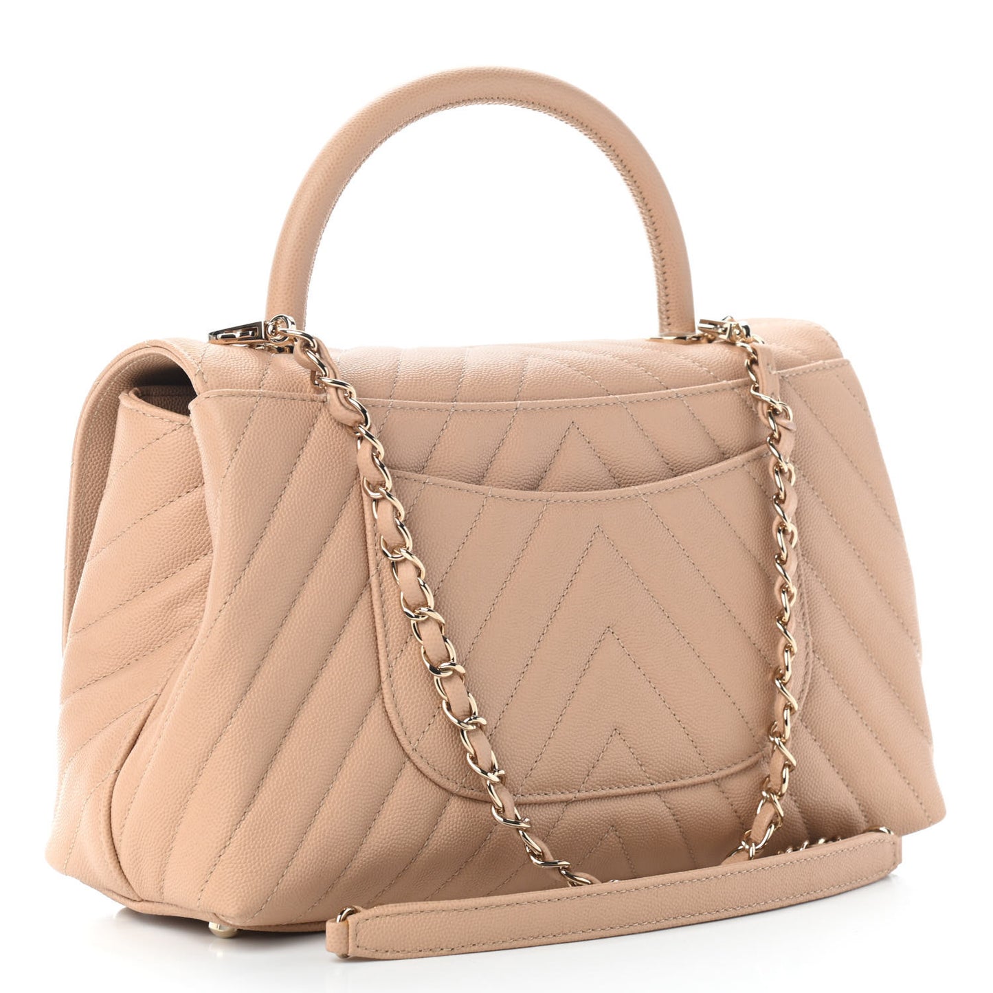 Caviar Chevron Quilted Small Coco Handle Flap Beige