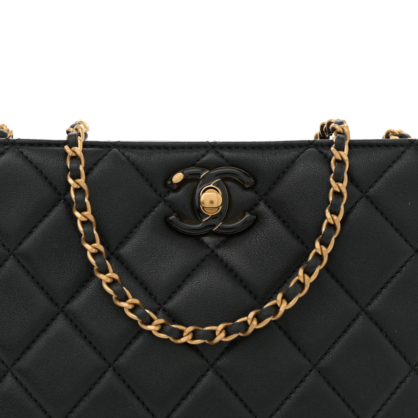 Shiny Lambskin Quilted Enamel CC Shoulder Bag Black
