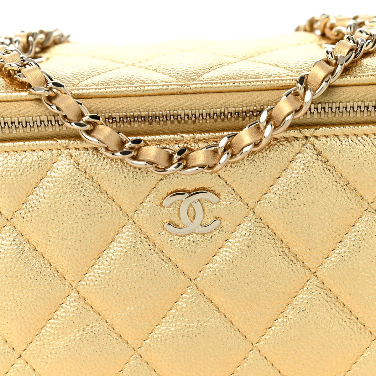 Metallic Caviar Quilted Small Vanity Case With Chain Gold