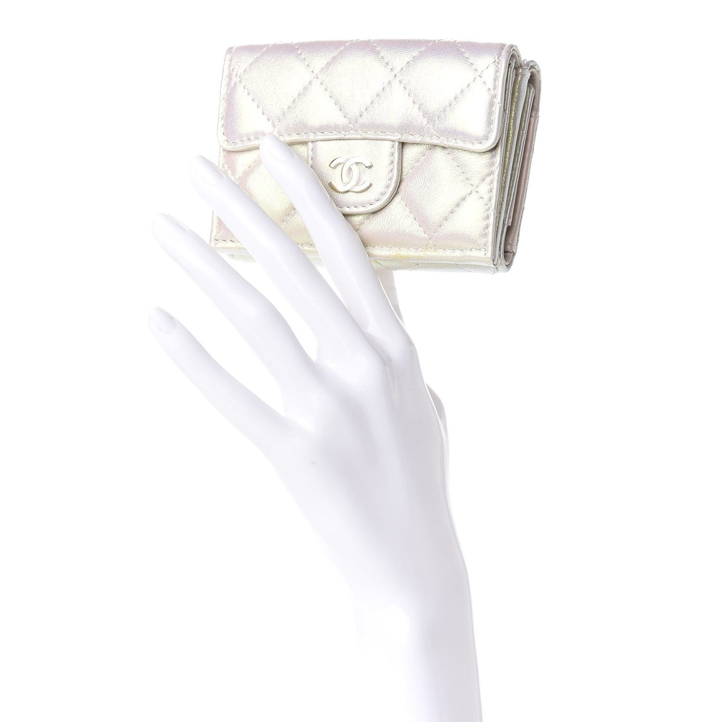 Iridescent Lambskin Quilted Double Flap Wallet Ivory