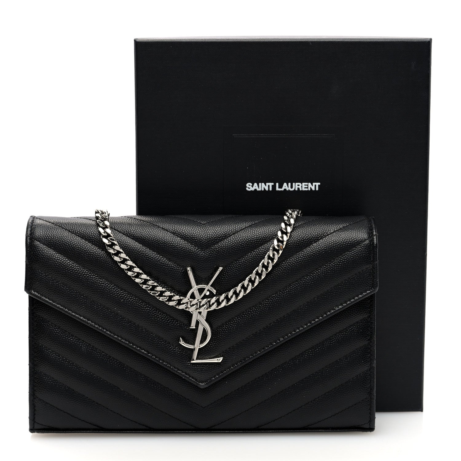 Saint Laurent Grain De Poudre Matelasse Chevron Monogram Chain Wallet Black 10 of 10