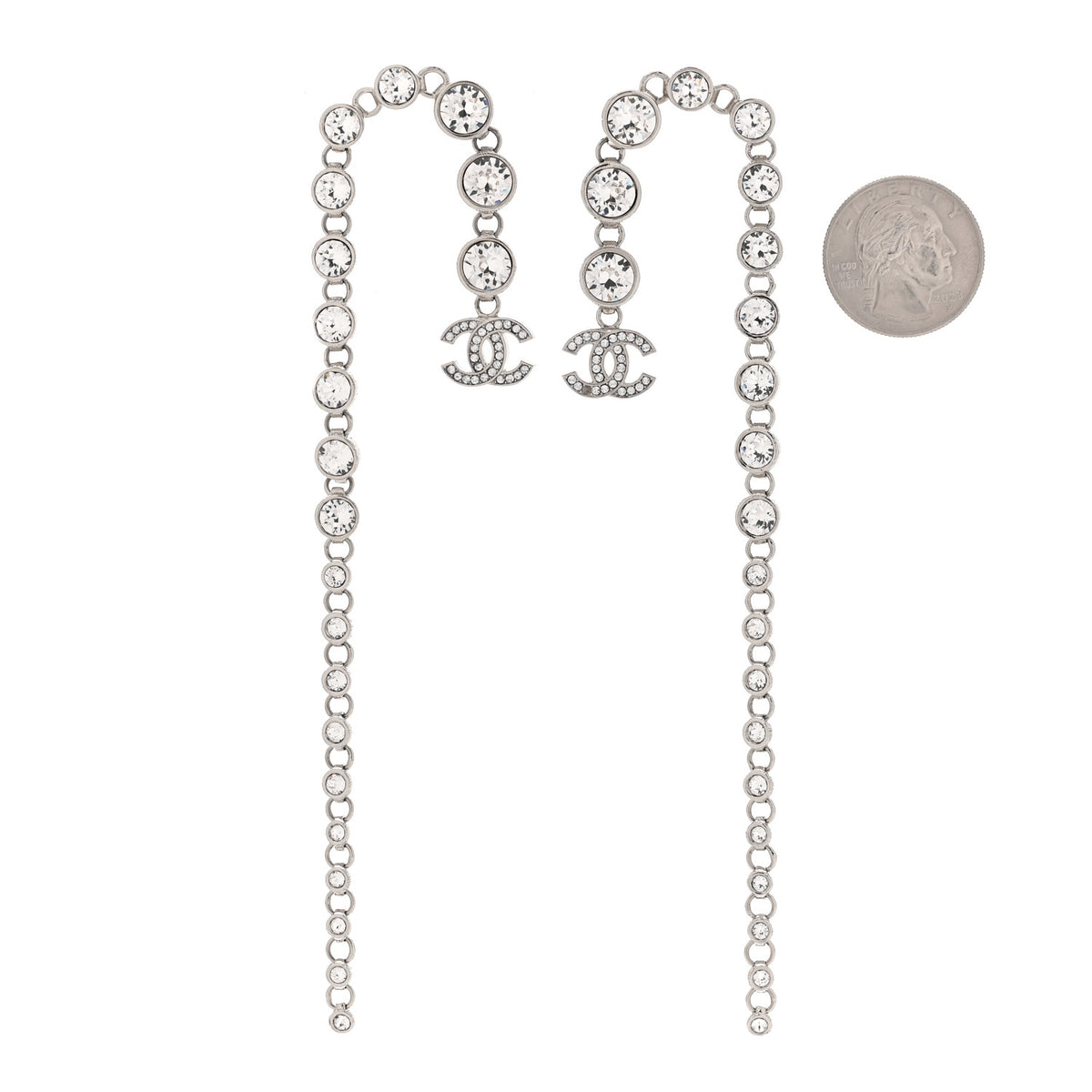Crystal CC Long Drop Earrings Silver