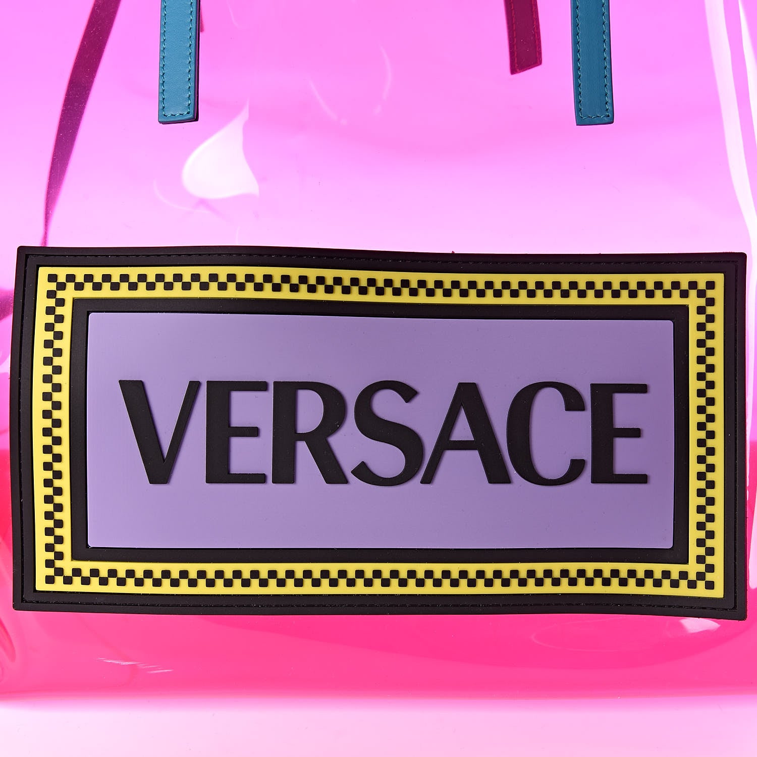 Versace Vinyl Calfskin 90s Logo Tote Pink Blue 7 of 9