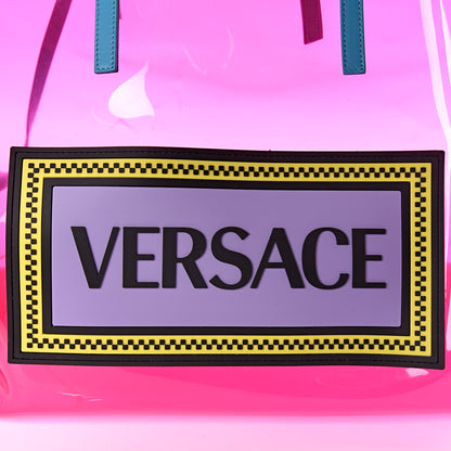 Versace Vinyl Calfskin 90s Logo Tote Pink Blue 7 of 9