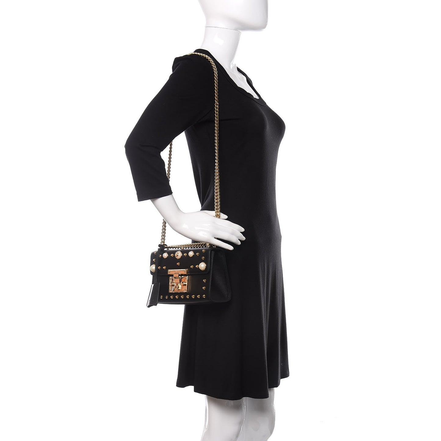 Calfskin Studded Small Padlock Shoulder Bag Black