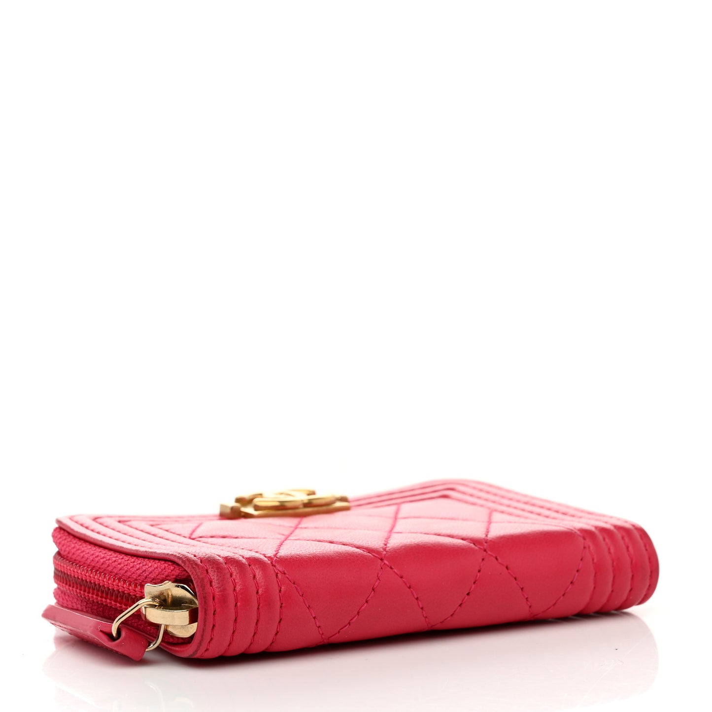 Lambskin Quilted Boy Zip Around Coin Purse Wallet Fuchsia