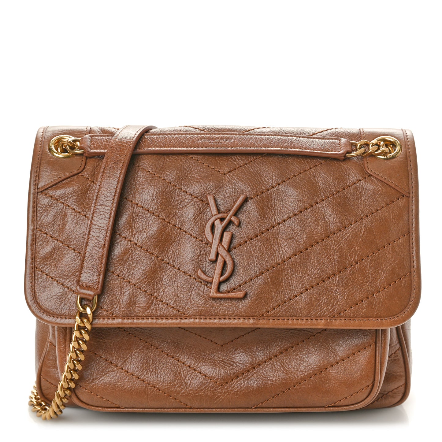 Crinkled Calfskin Matelasse Monogram Medium Niki Chain Satchel Caramel