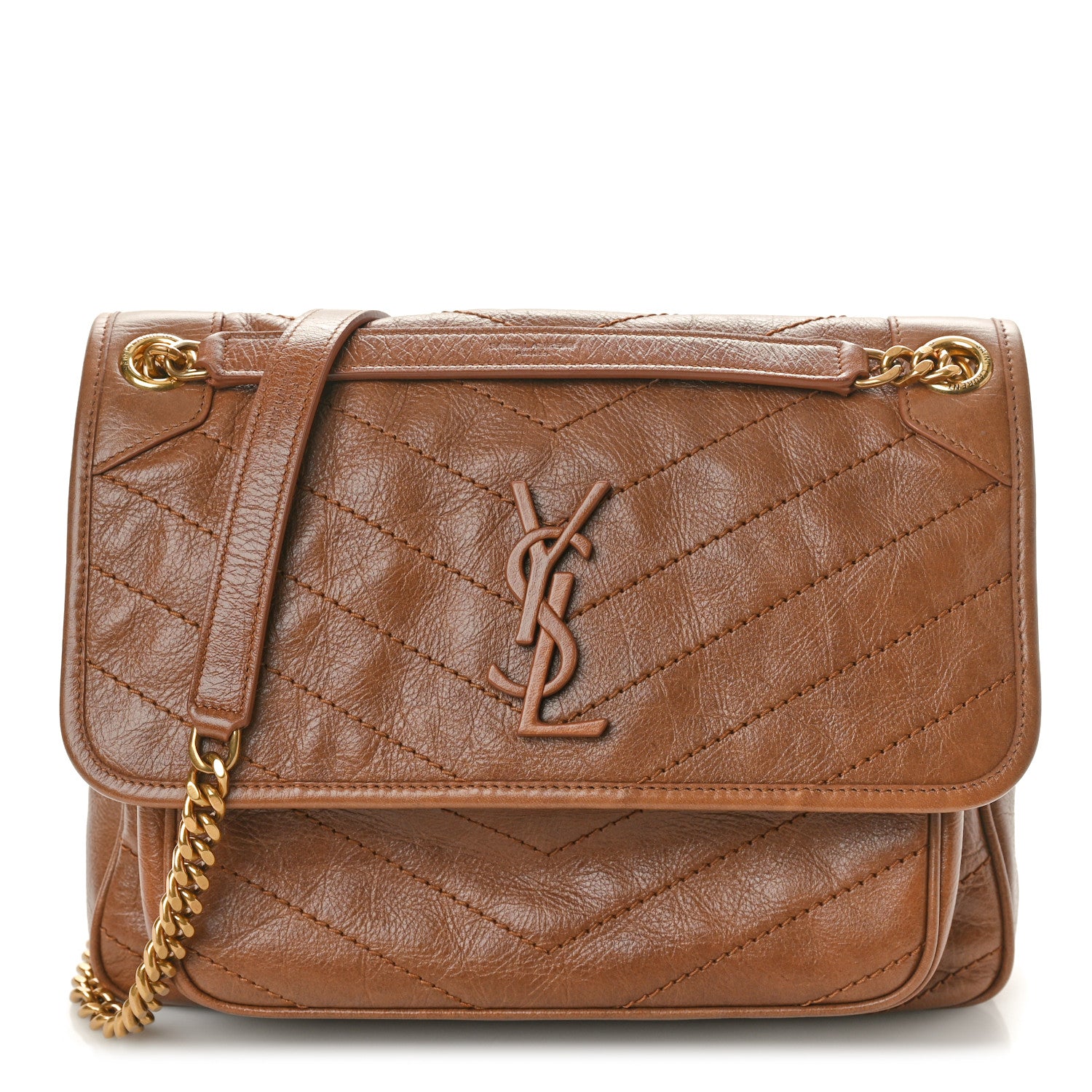 Saint Laurent Crinkled Calfskin Matelasse Monogram Medium Niki Chain Satchel Caramel 1 of 11