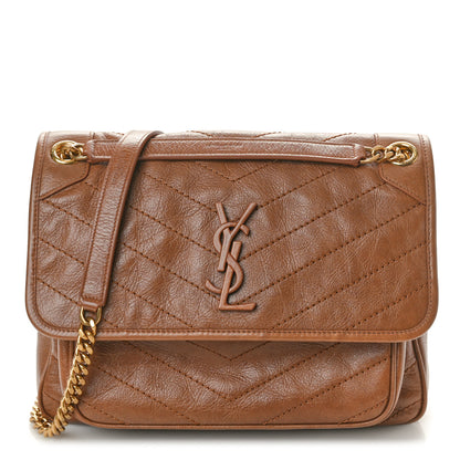 Saint Laurent Crinkled Calfskin Matelasse Monogram Medium Niki Chain Satchel Caramel 1 of 11