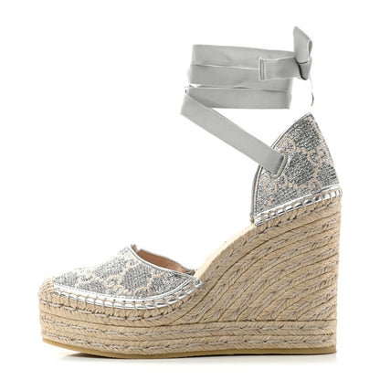 Gucci Lame GG Monogram Ankle Wrap Platform Espadrille Wedges 37.5 Silver Beige Light Grey 1 of 10