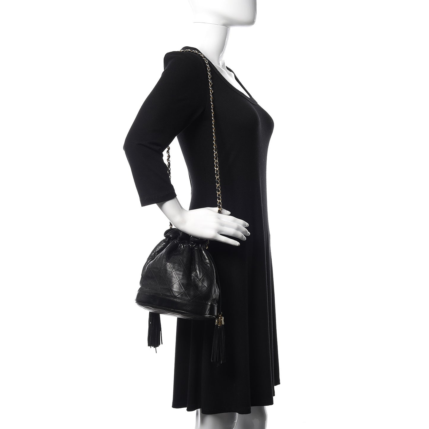 Lambskin Stitched Tassel Drawstring Pouch Black