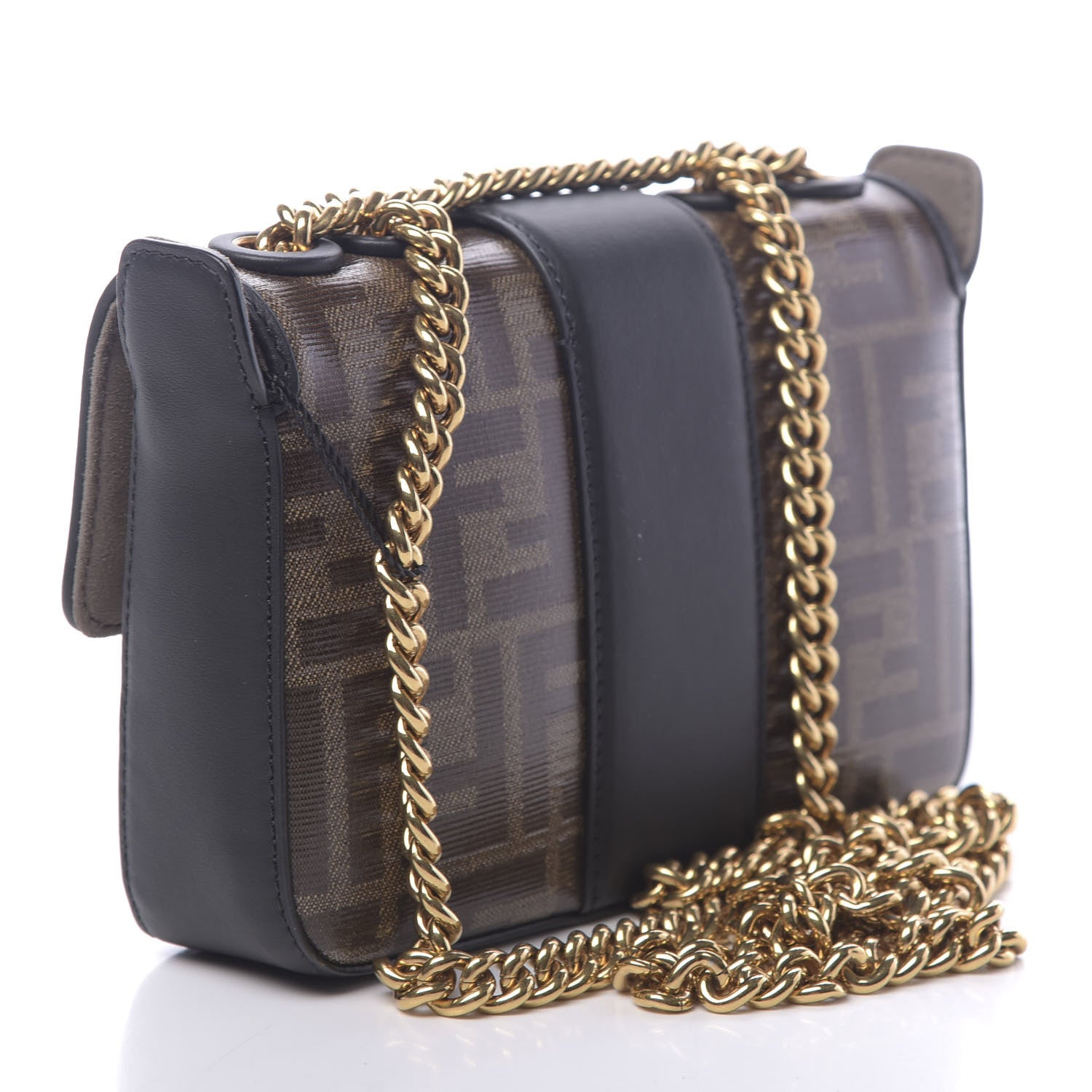 Fendi Glazed Fabric Vitello Century FF 1974 Stamp Patch Mini Double F Crossbody Bag Mogano Panna Black 2 of 9