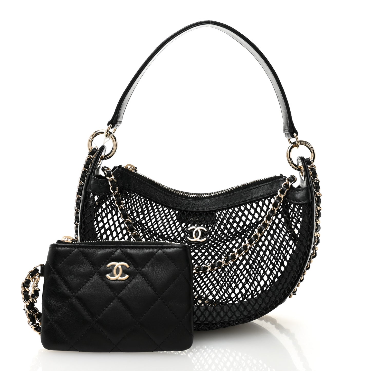 Mesh Shiny Lambskin Chain Hobo Black