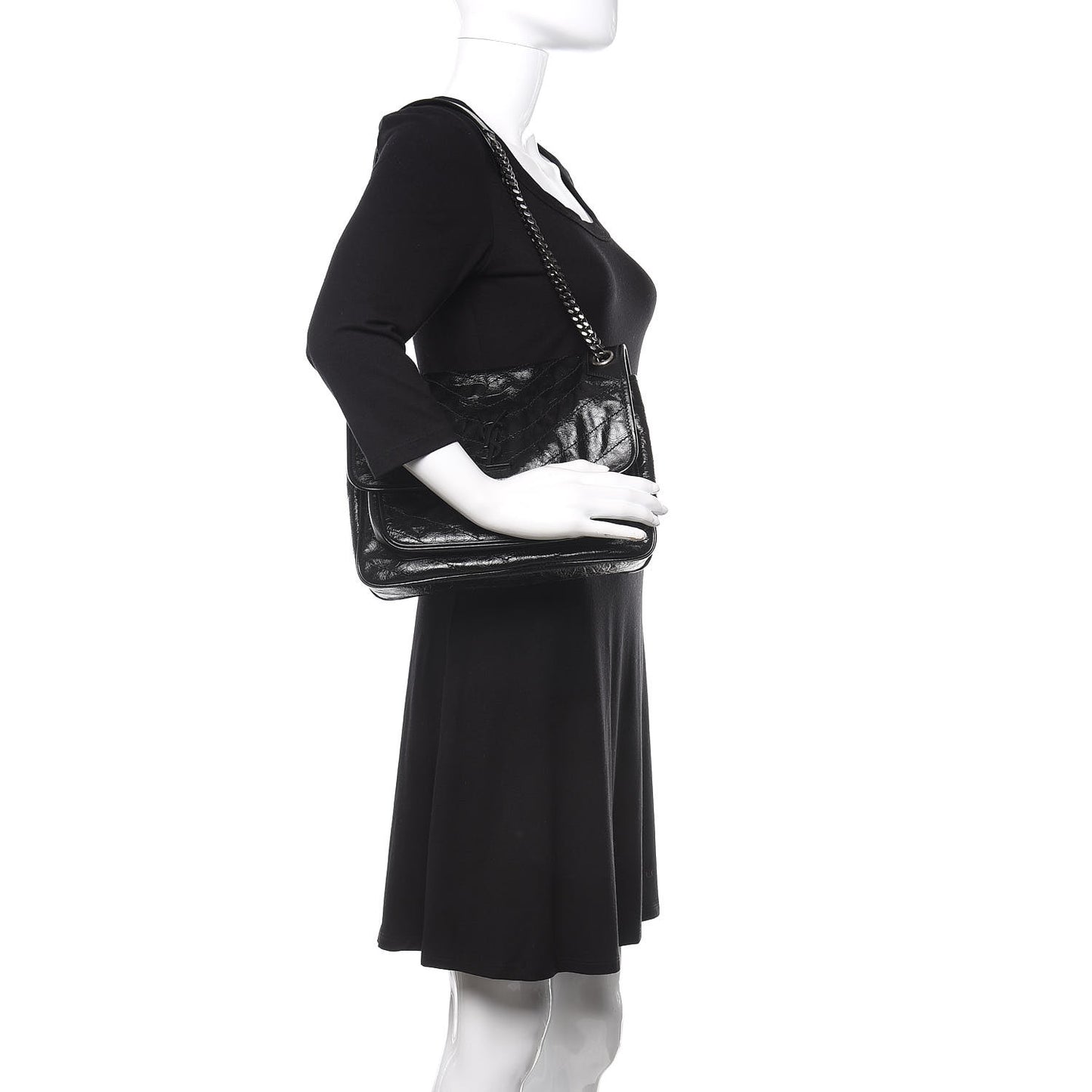 Crinkled Calfskin Matelasse Monogram Medium Niki Chain Satchel Black