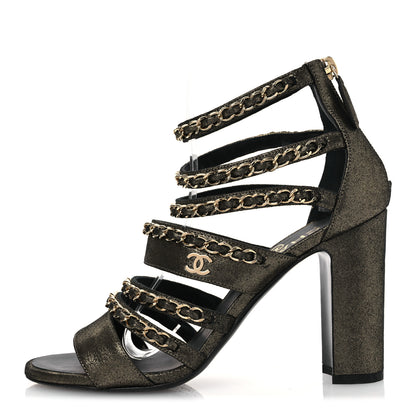 Chanel Suede Laminated Lambskin Gladiator Chain Sandals 36.5 Dark Gold 1 of 12