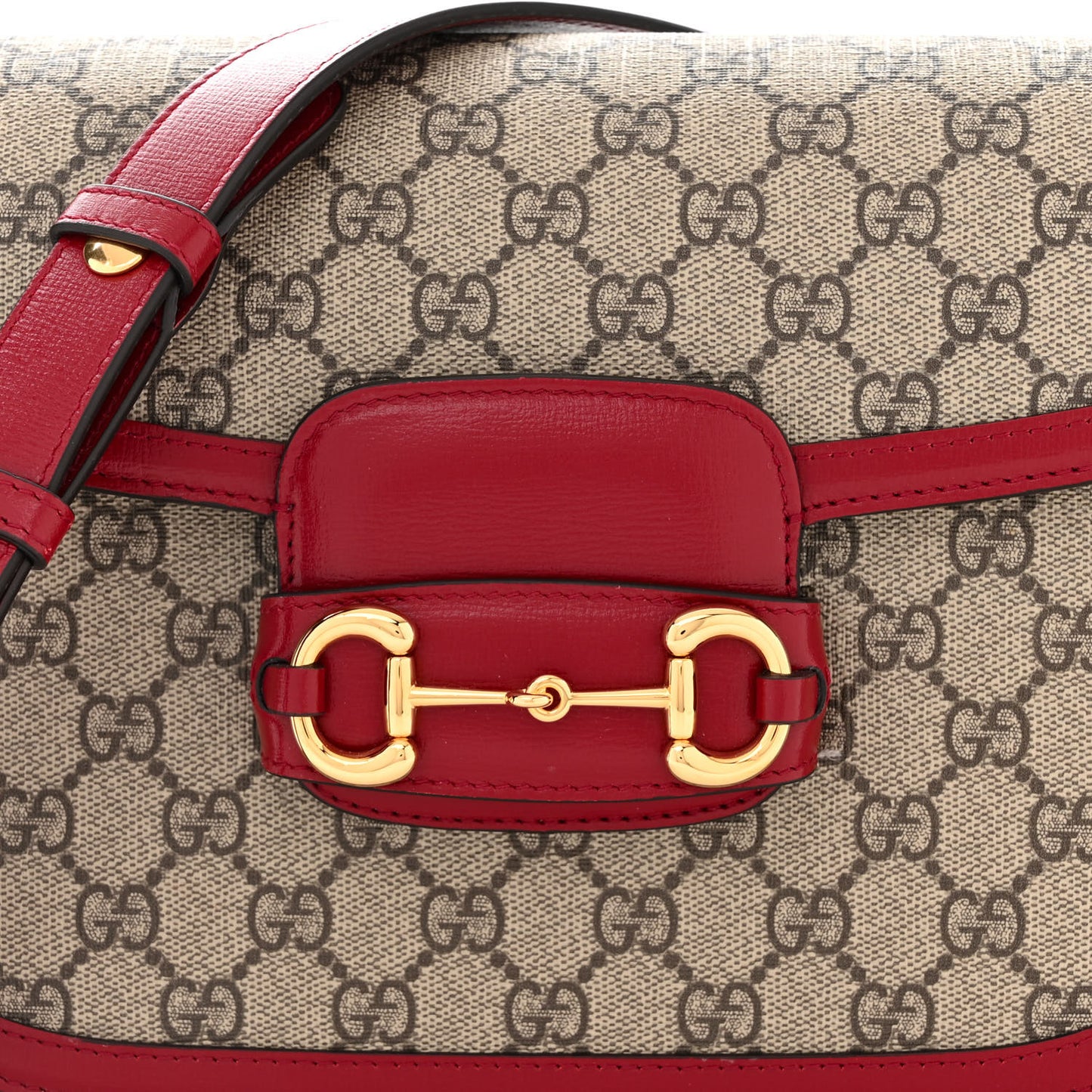 GG Supreme Monogram Azalea Calfskin Horsebit 1955 Shoulder Bag Beige Ebony New Cherry Red