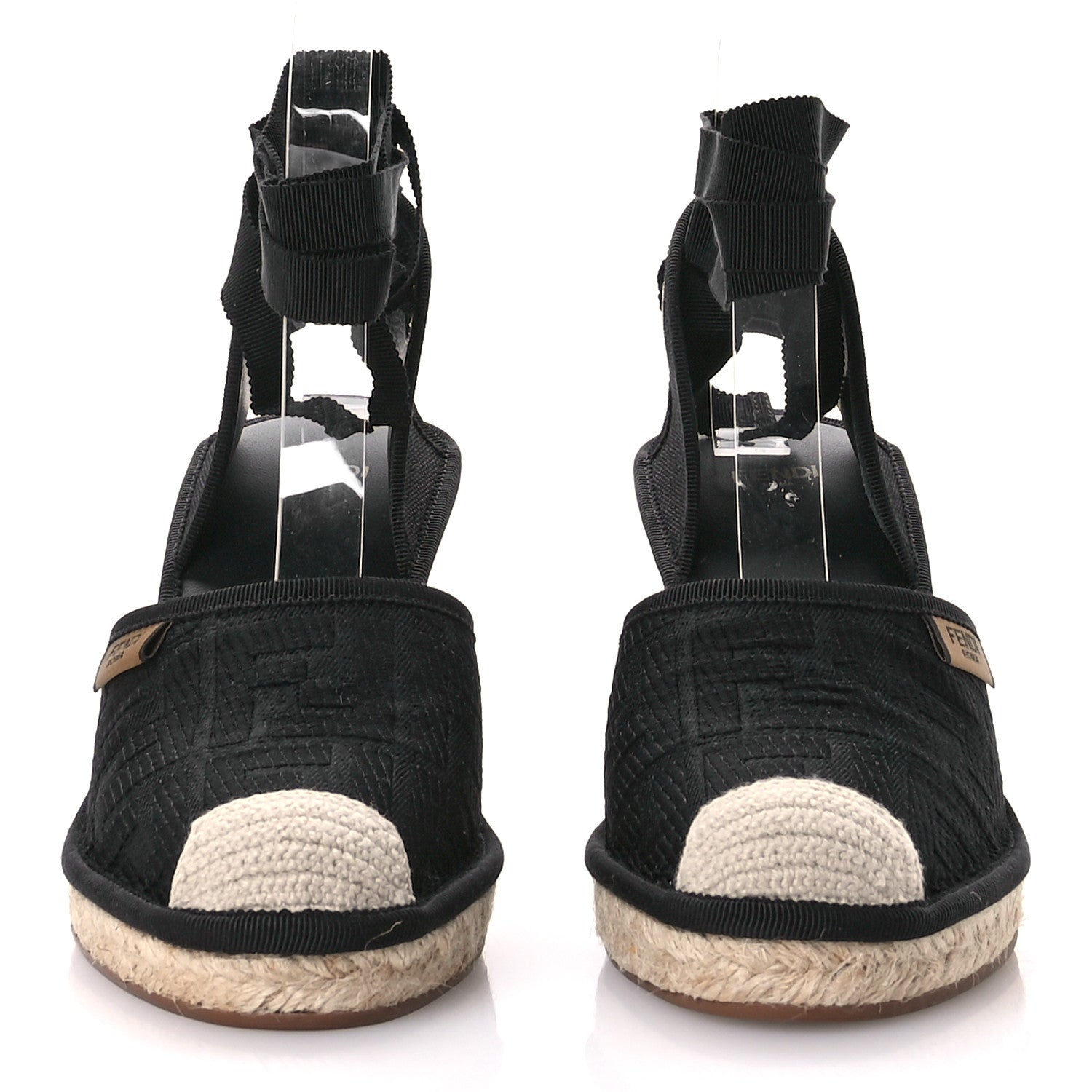 Fendi Canvas FF Embroidered Roma Ankle Wrap Wedge Espadrilles 37 Black 3 of 8