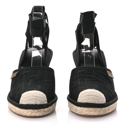 Fendi Canvas FF Embroidered Roma Ankle Wrap Wedge Espadrilles 37 Black 3 of 8