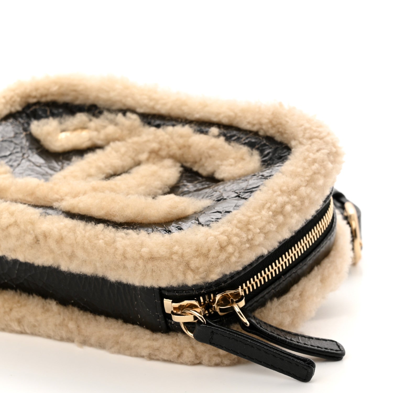 Chanel Shiny Crumpled Sheepskin Shearling Waist Bag Black Beige 10 of 10