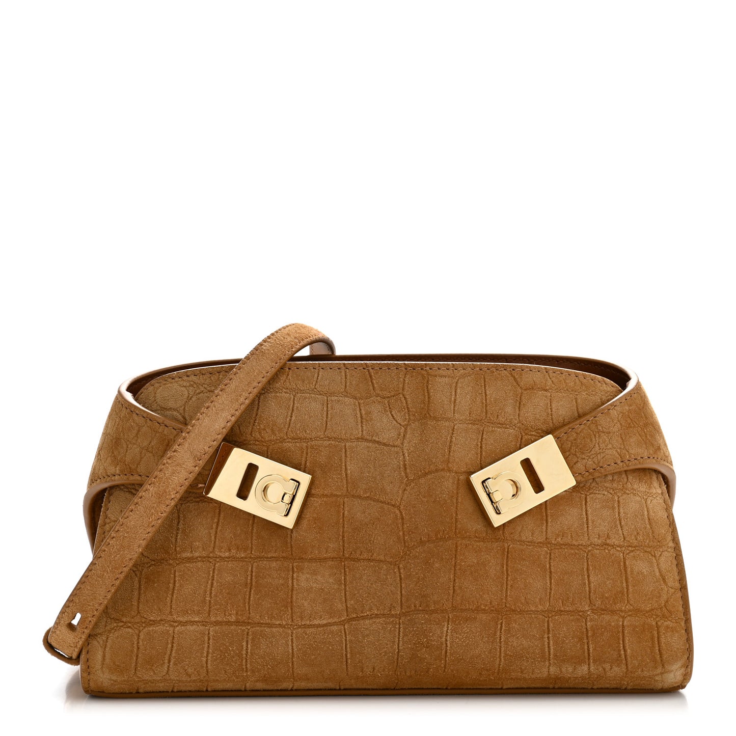 Suede Alligator Embossed Mini Hug Crossbody Bag Natural Brown