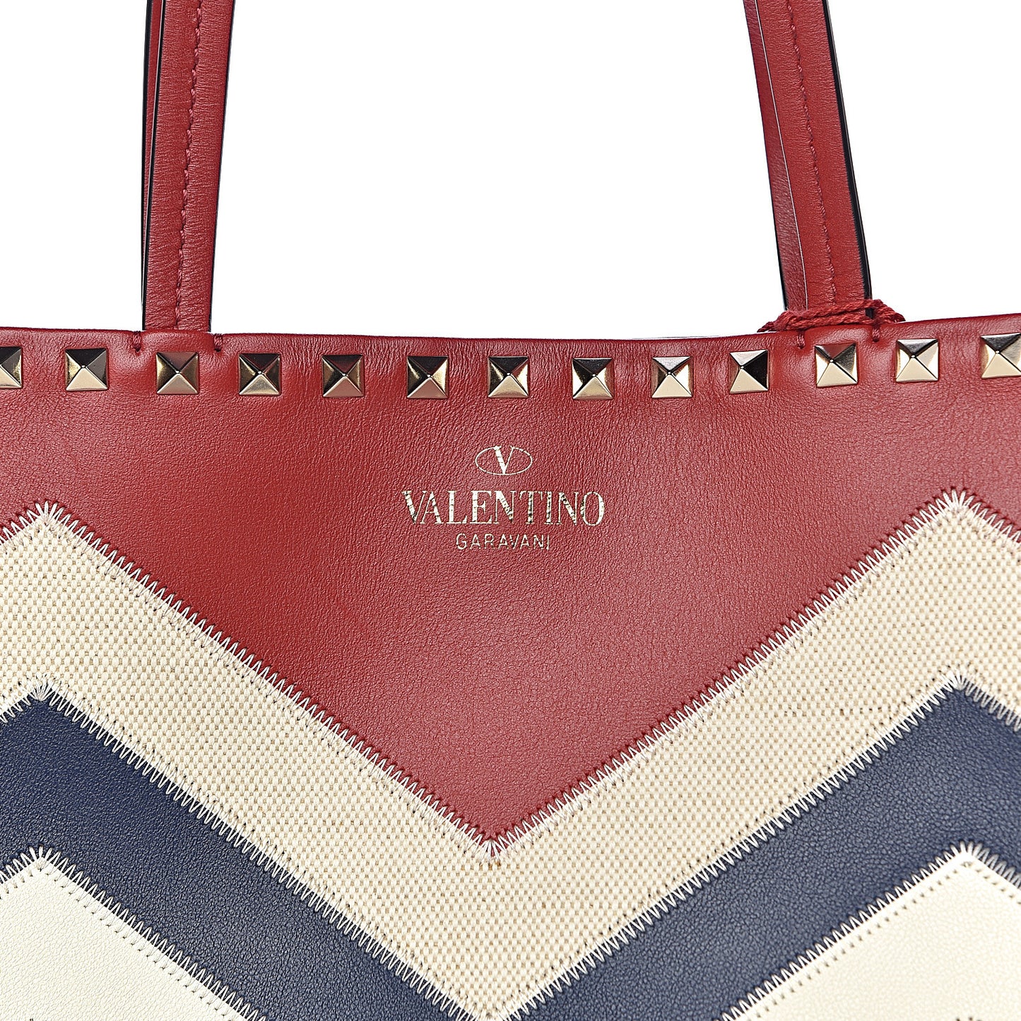 Calfskin Canvas Chevron Inlay Rockstud Shoulder Tote Red White Blue