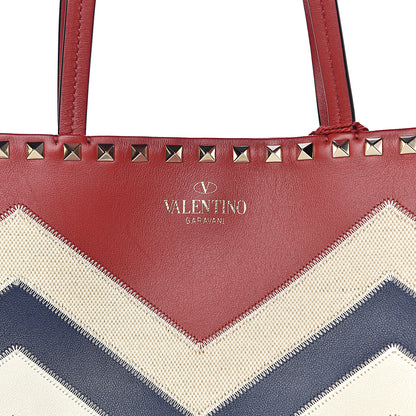 Valentino Garavani Calfskin Canvas Chevron Inlay Rockstud Shoulder Tote Red White Blue 10 of 10