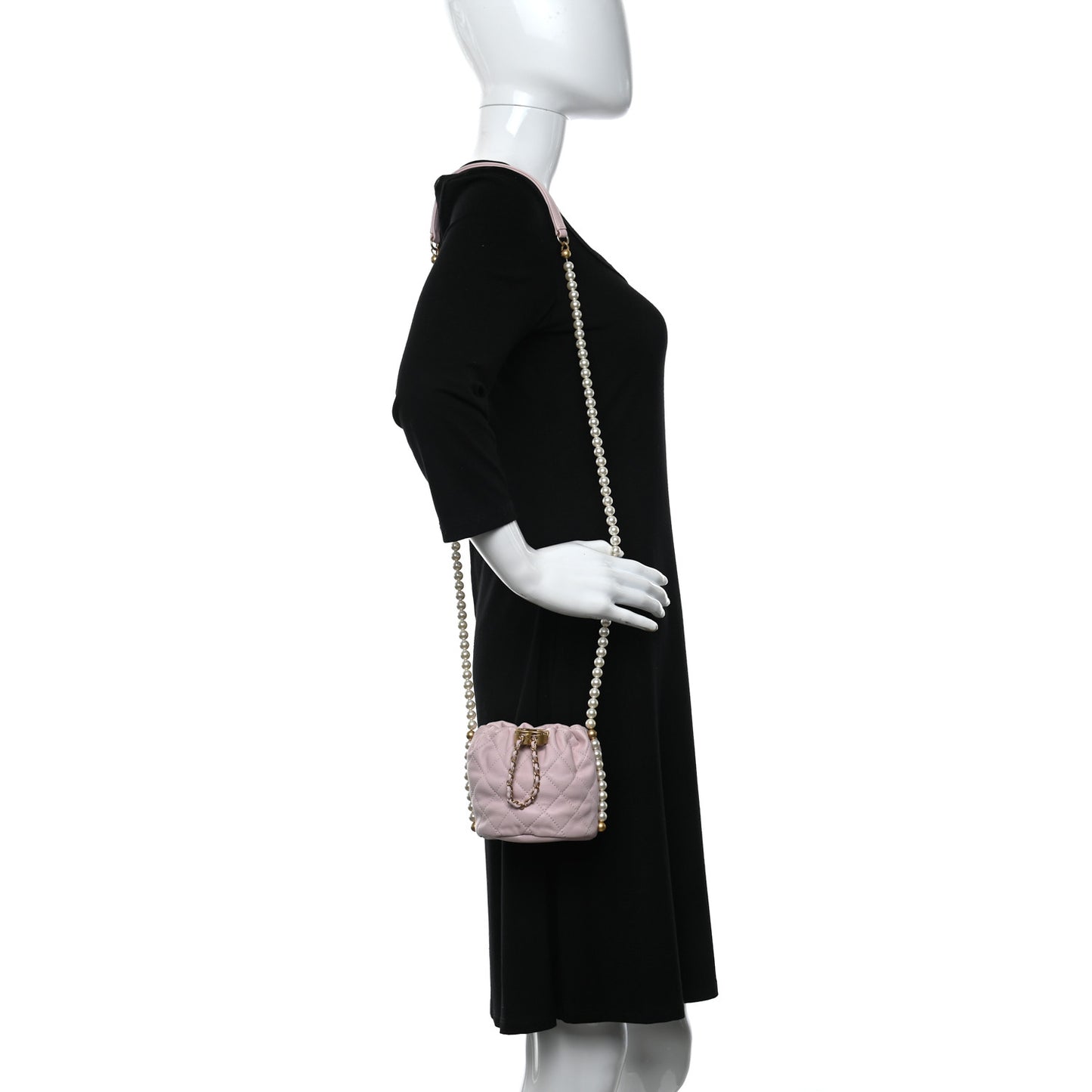 Calfskin Quilted Pearl Mini About Pearls Drawstring Bucket Light Pink