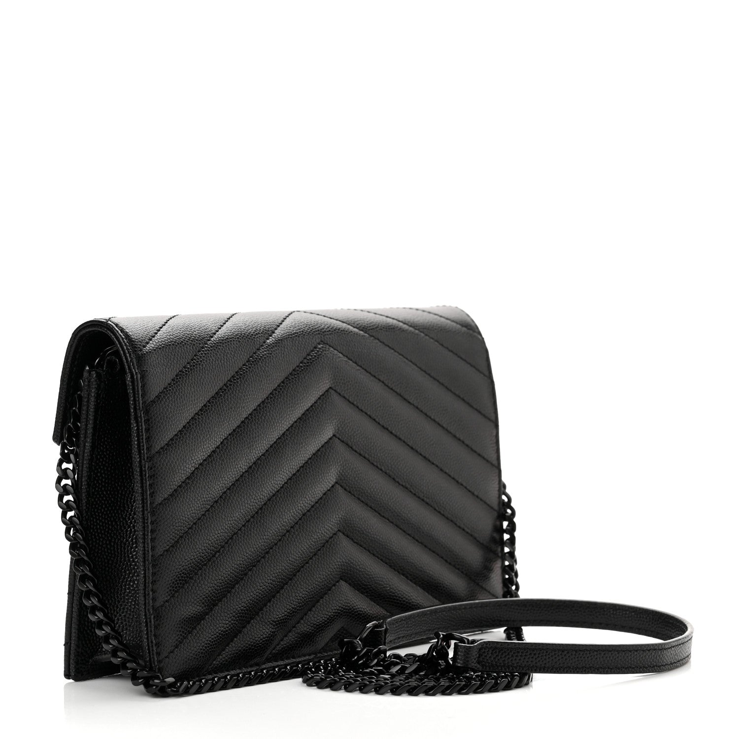 Saint Laurent Grain De Poudre Matelasse Chevron Monogram Monochrome Envelope Chain Wallet Black 3 of 10