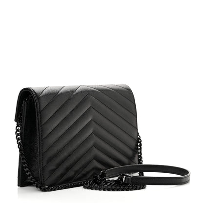 Saint Laurent Grain De Poudre Matelasse Chevron Monogram Monochrome Envelope Chain Wallet Black 3 of 10