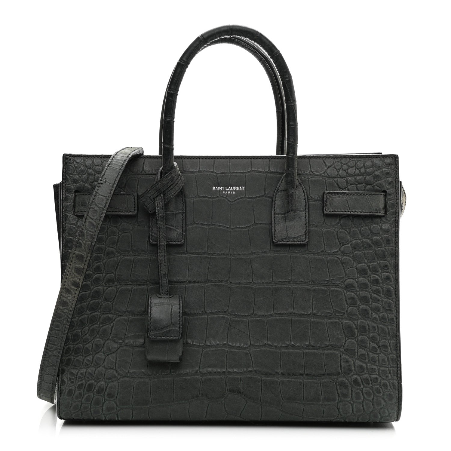 Saint Laurent Calfskin Crocodile Embossed Small Sac De Jour Fog 1 of 22