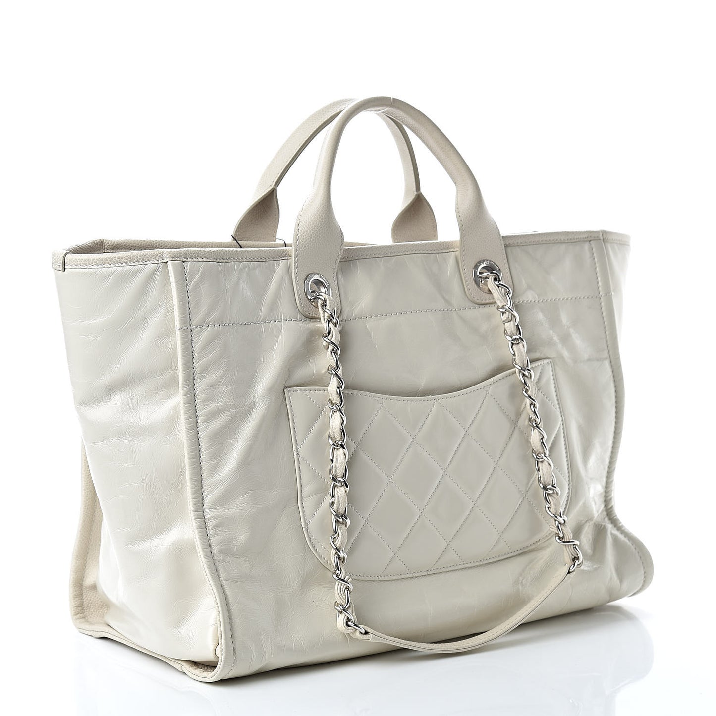 Glazed Calfskin Large Deauville Tote Ivory