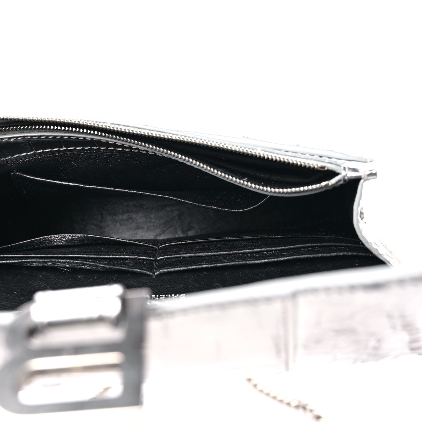 Metallic Calfskin Crocodile Embossed Hourglass Chain Bag Silver