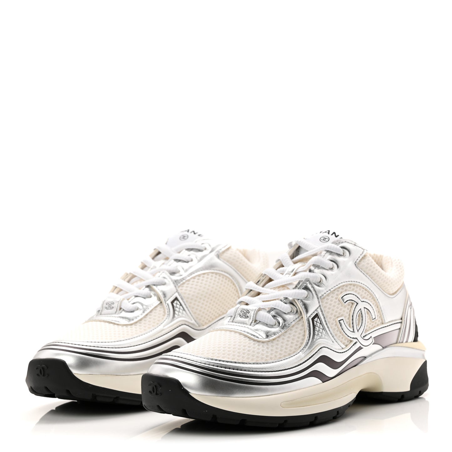 Fabric Laminated Calfskin Stretch CC Womens Sneakers 37.5 White Silver