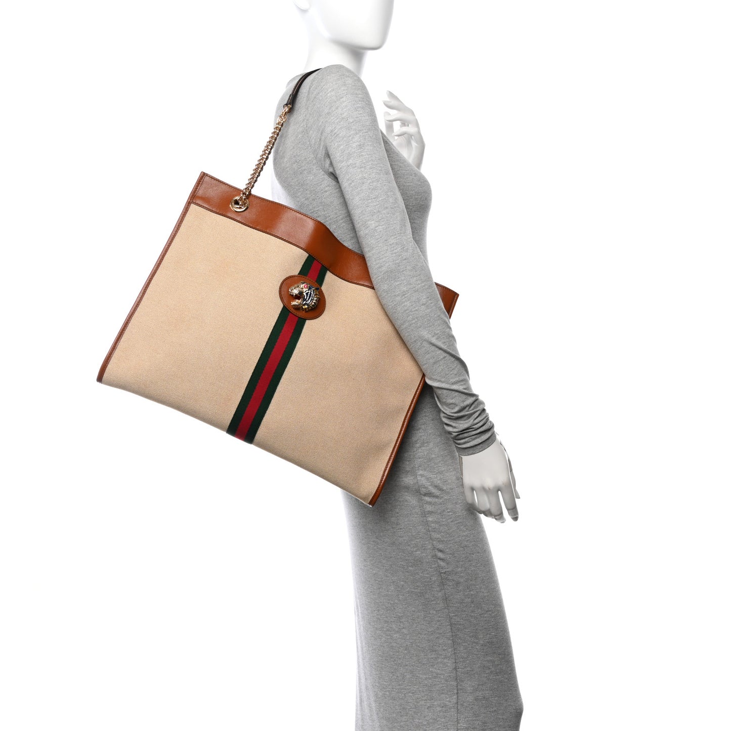 Vintage Canvas Calfskin Web Large Rajah Chain Tote Sand Light Cuir