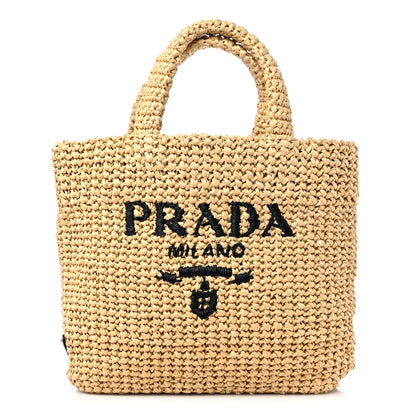 Prada Yarn Raffia Effect Crochet Embroidered Small Logo Tote Naturale 1 of 9