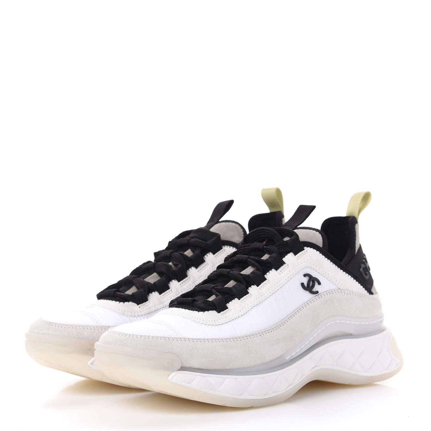 Chanel Nylon Calfskin Suede CC Sneakers 39 White Grey Yellow 3 of 10