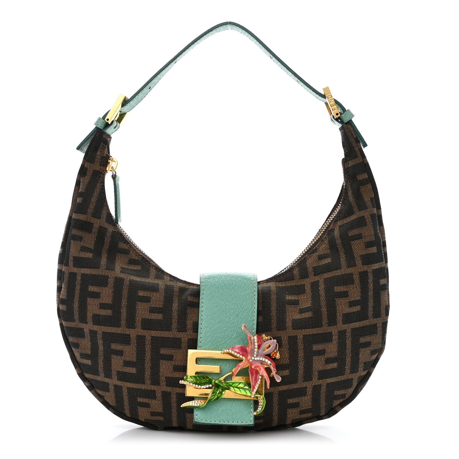 Fendi Zucca Crystal Flower Half Moon Baguette Tobacco Turquoise 1 of 12