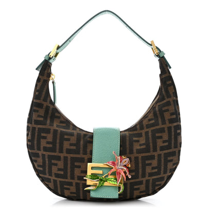 Fendi Zucca Crystal Flower Half Moon Baguette Tobacco Turquoise 1 of 12