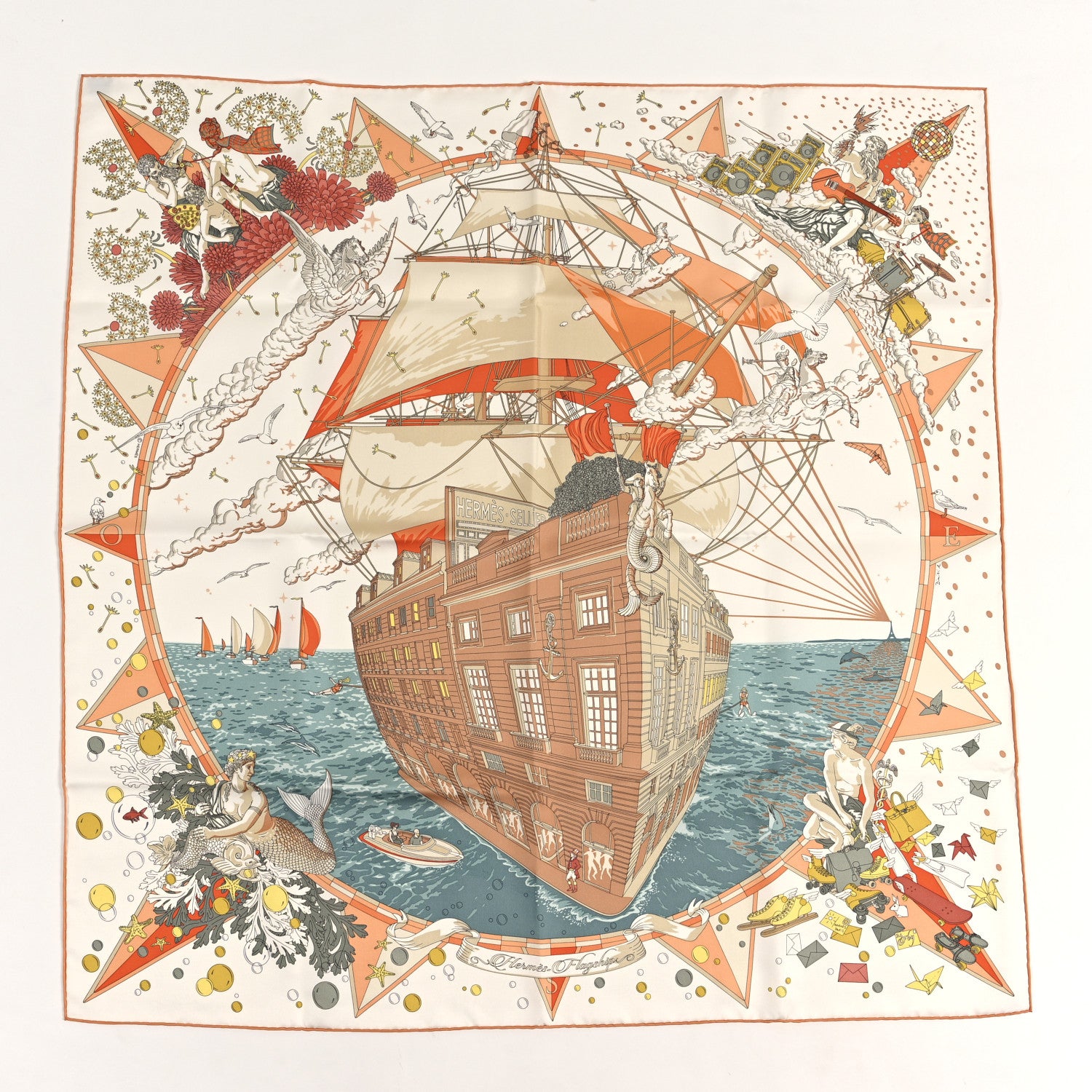 Hermes Silk Flagship Scarf 90 Creme Orange Vert 1 of 4