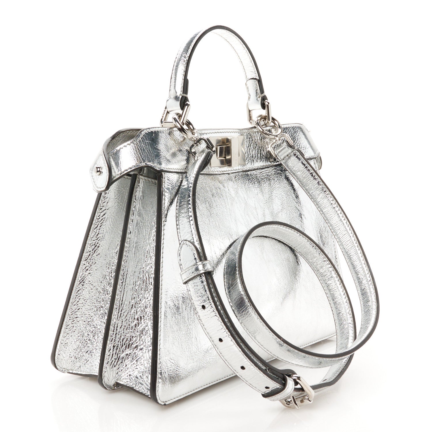 Fendi Rock Millenium Laminata Small Peekaboo I SEE U Satchel Argento 3 of 11