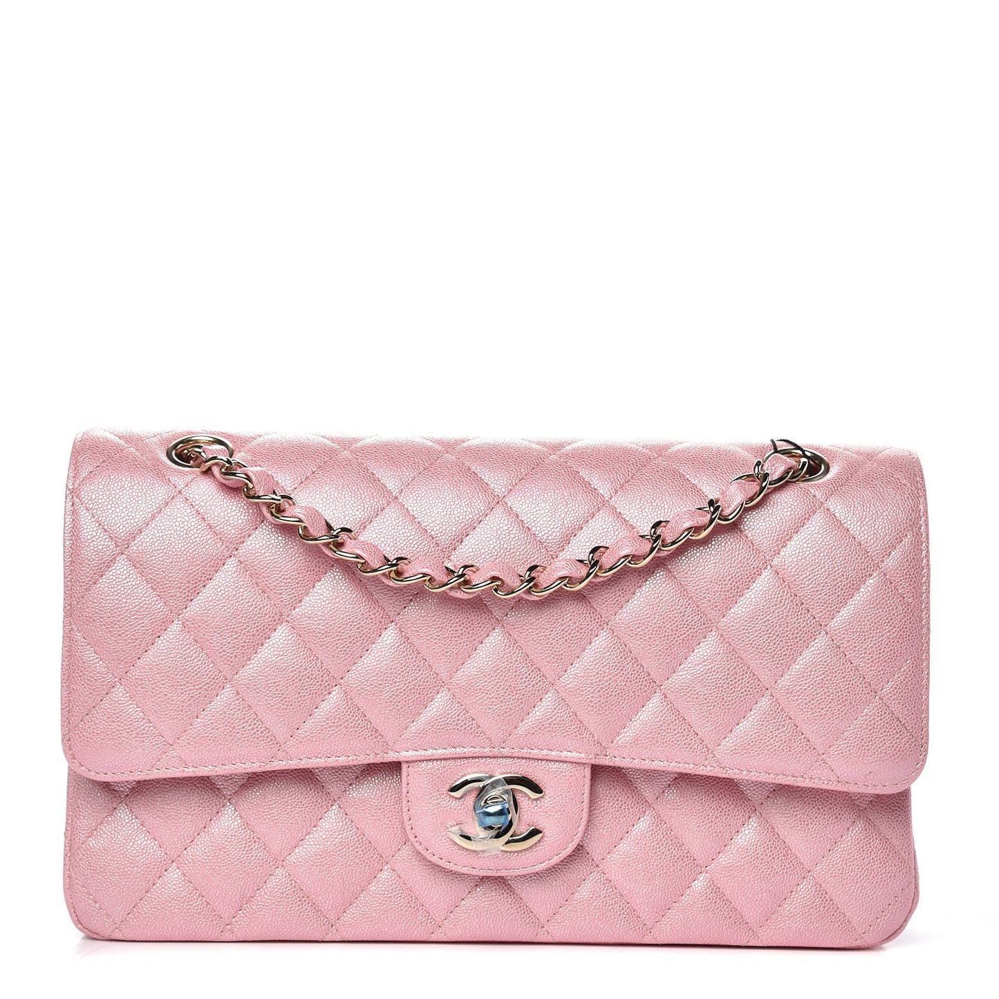 Iridescent Caviar Quilted Medium Double Flap Rose Pink