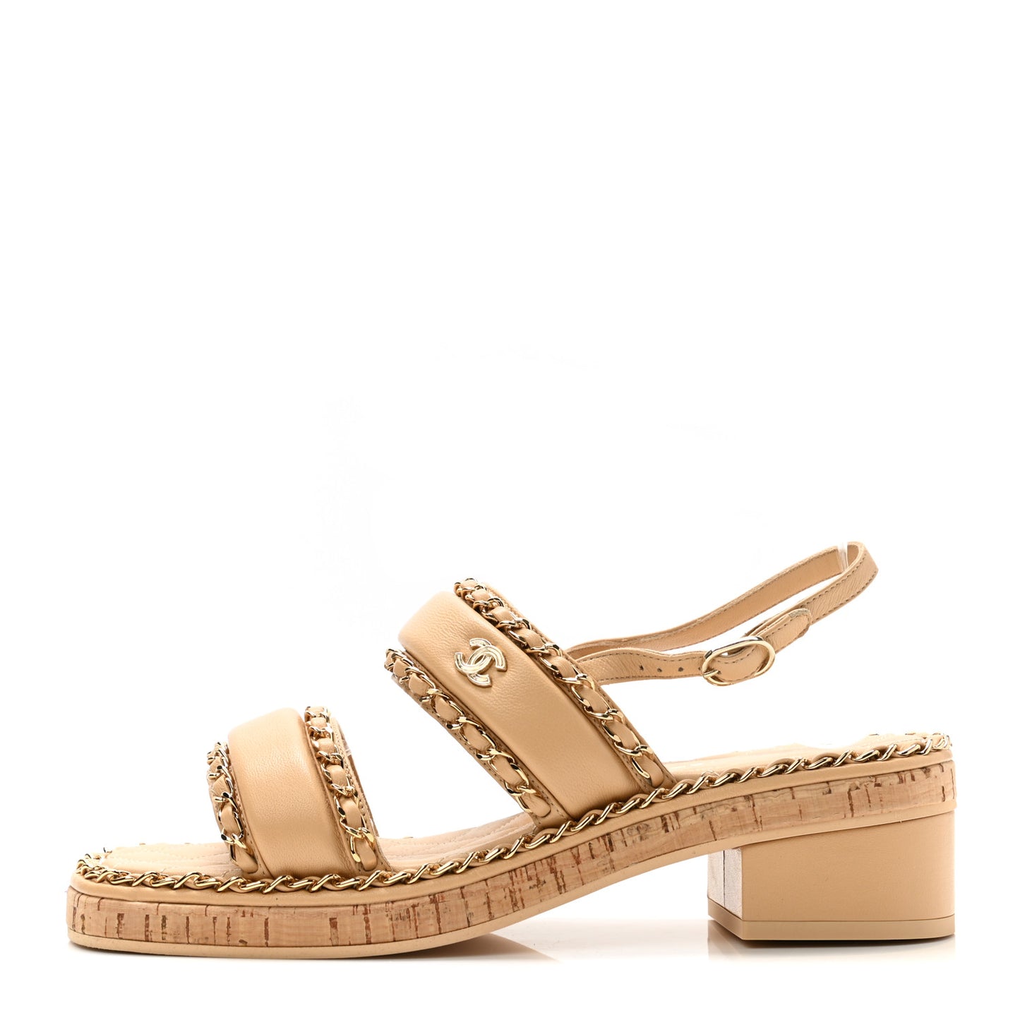 Lambskin Cork Chain Sandals 38 Beige