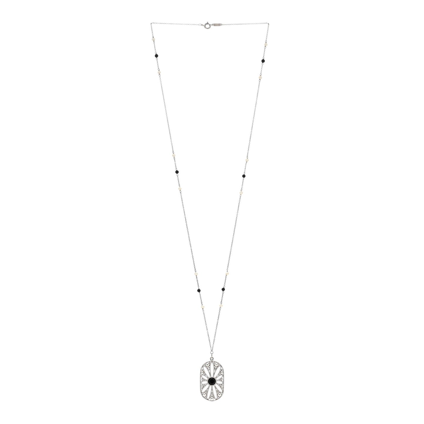Sterling Silver Black Onyx Pearl Ziegfeld Daisy Pendant Necklace