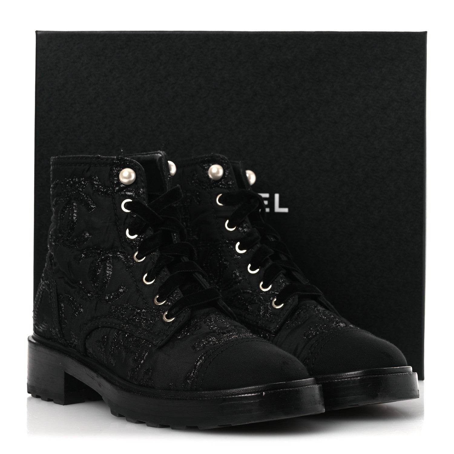 Chanel Grosgrain Tweed Pearl CC Combat Short Boots 39 Black 13 of 13
