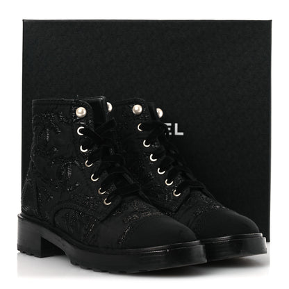 Chanel Grosgrain Tweed Pearl CC Combat Short Boots 39 Black 13 of 13
