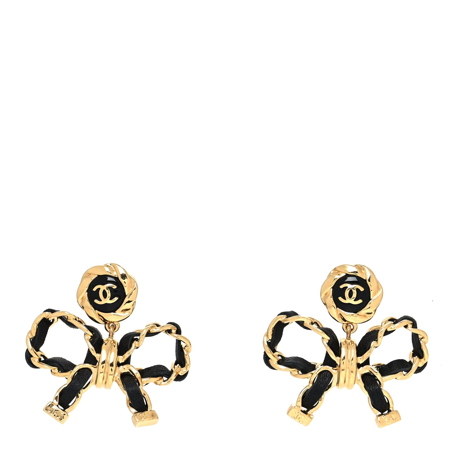 Lambskin Chain Bow Drop Earrings Black Gold
