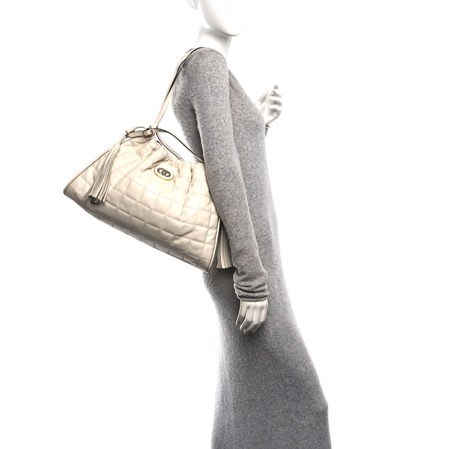 Calfskin Quilted Medium Deco Tote Bag Mystic White