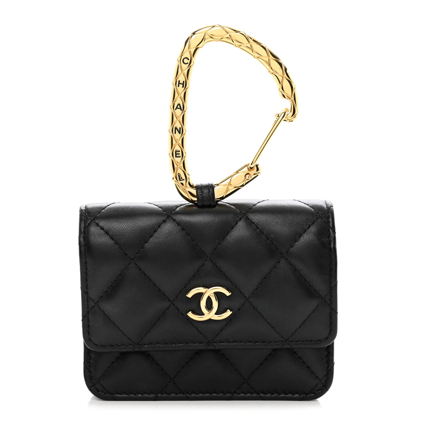 Lambskin Quilted CC Hook Card Holder Black